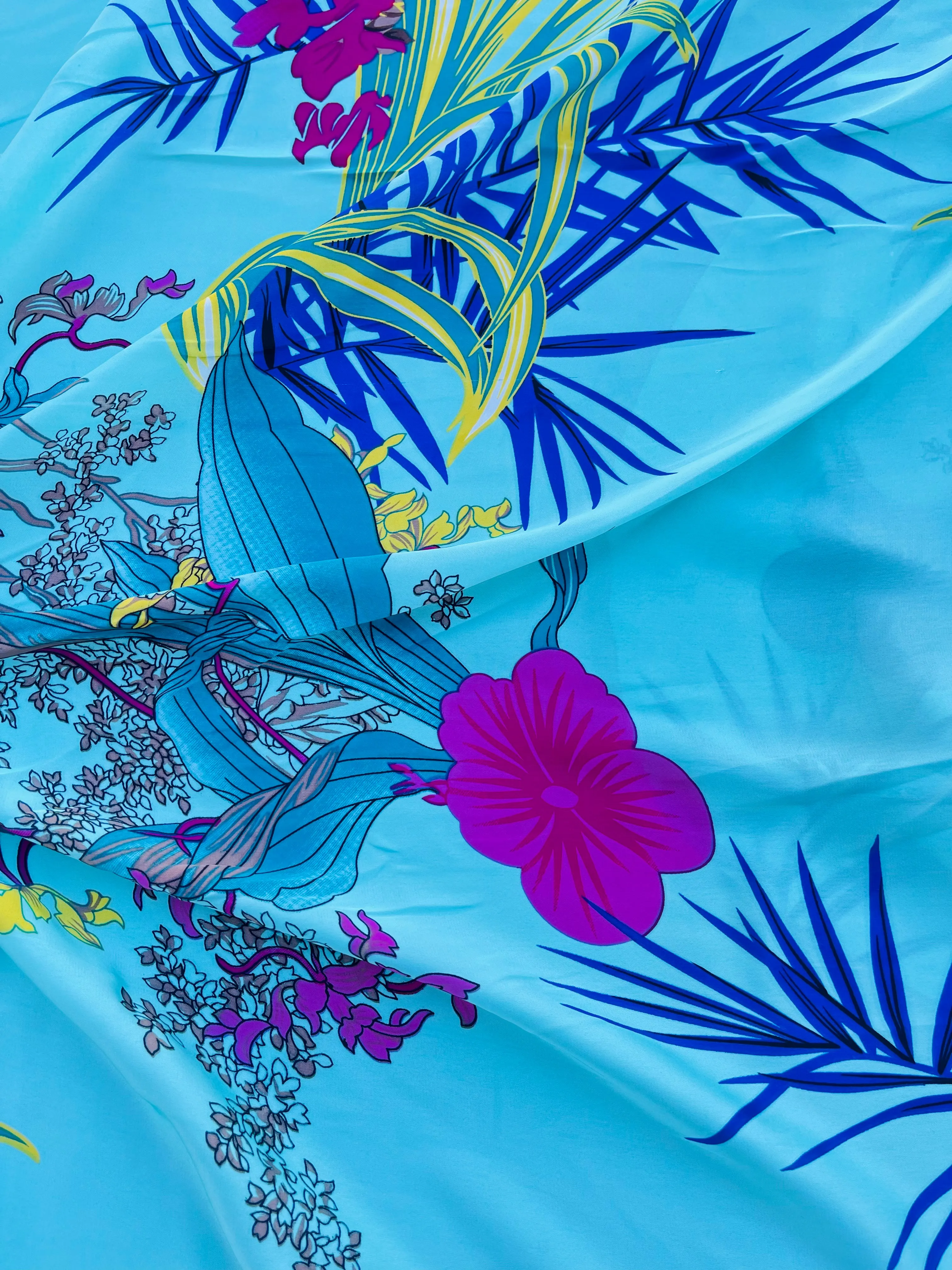 Lightweight  satin  fabric by the yard - Teal hot pink floral  print