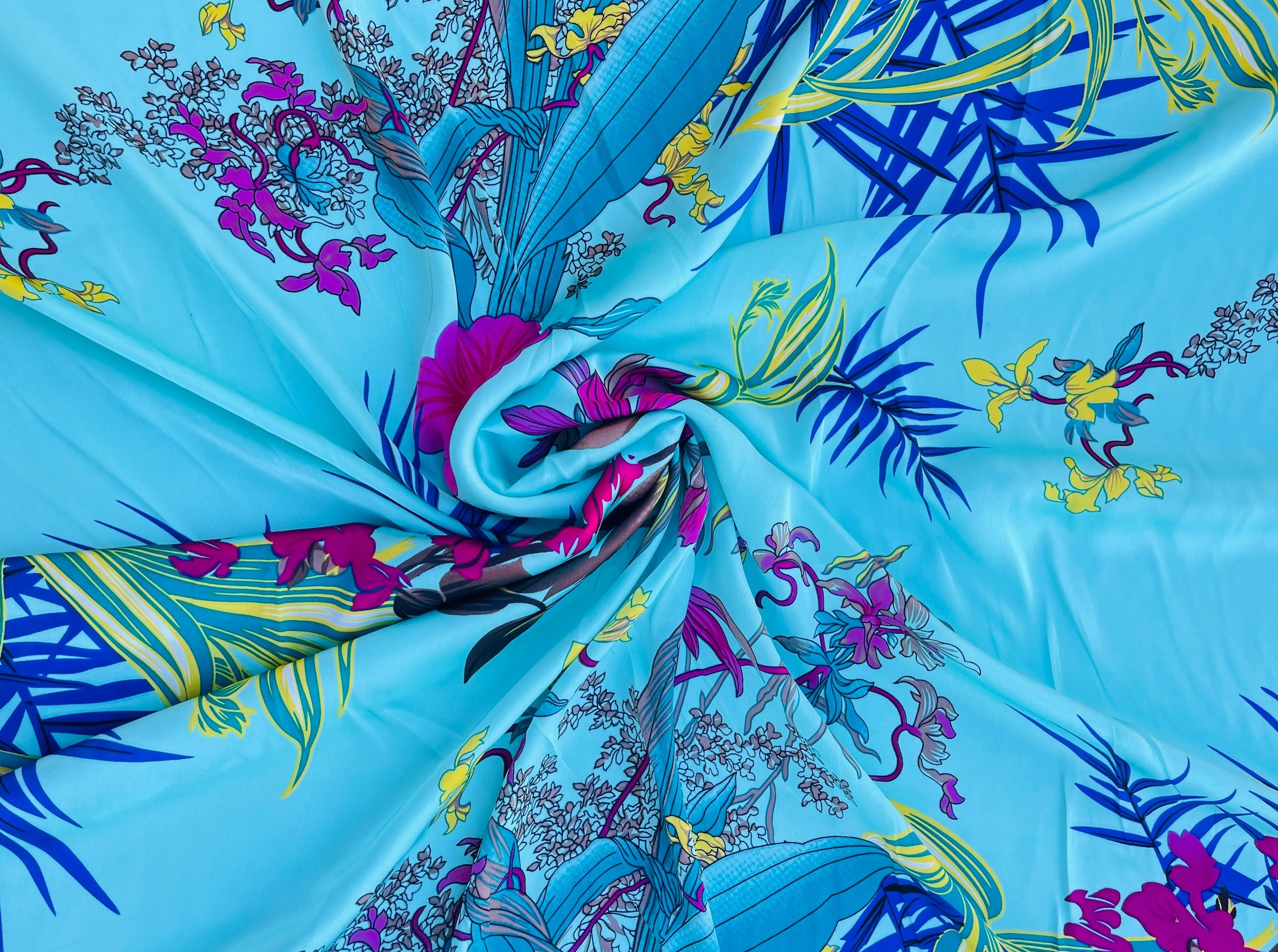 Lightweight  satin  fabric by the yard - Teal hot pink floral  print