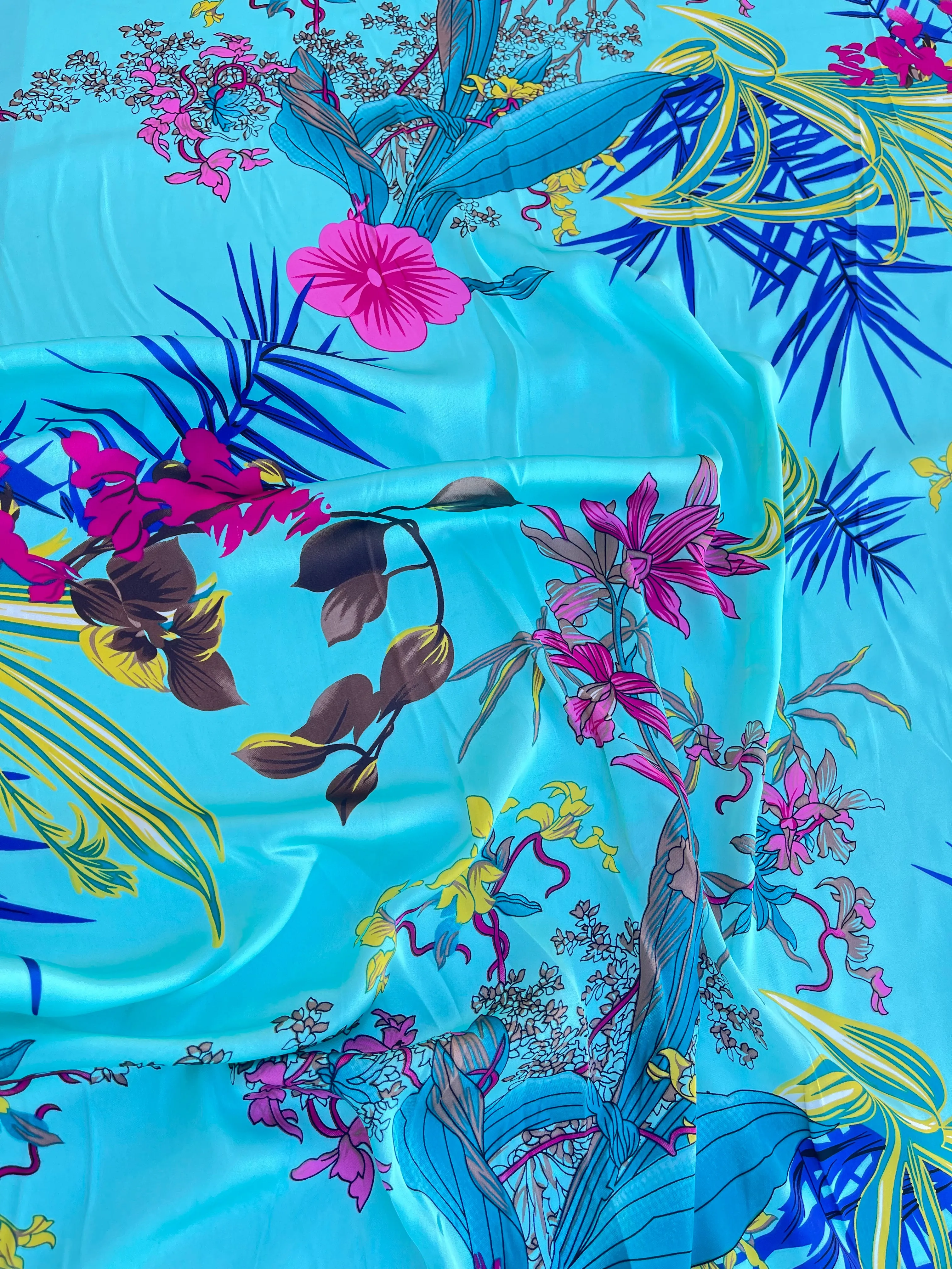 Lightweight  satin  fabric by the yard - Teal hot pink floral  print