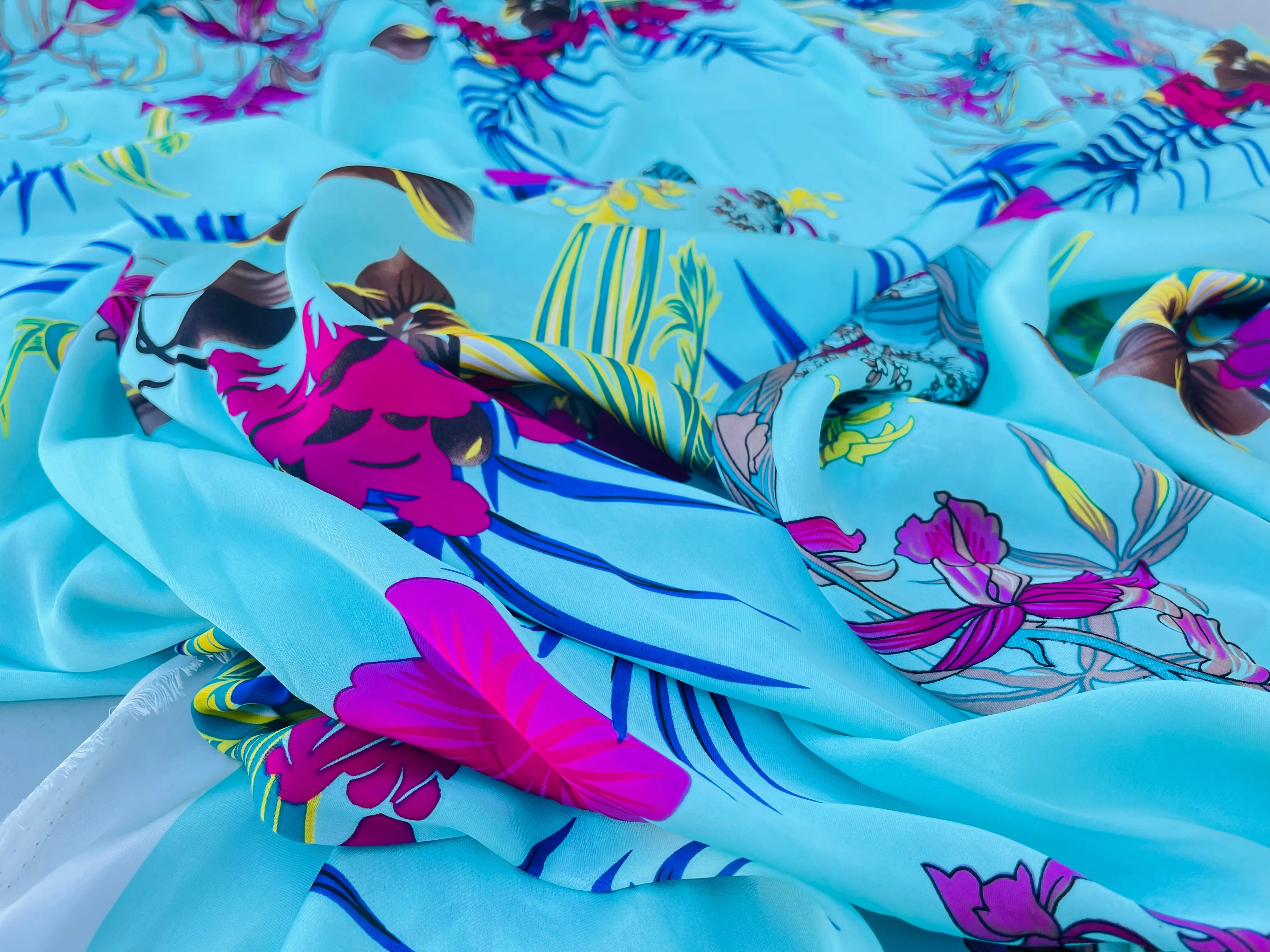Lightweight  satin  fabric by the yard - Teal hot pink floral  print