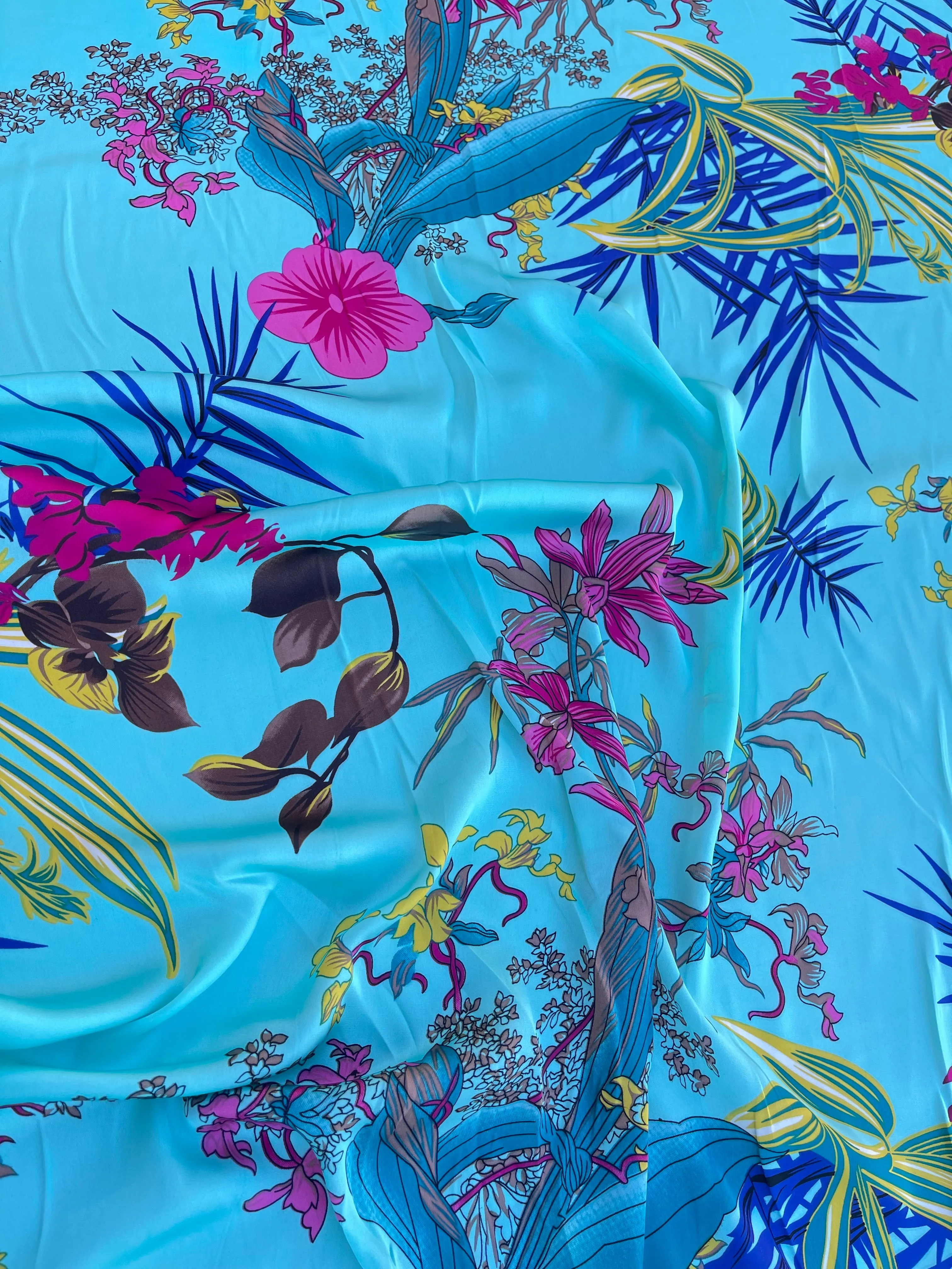 Lightweight  satin  fabric by the yard - Teal hot pink floral  print