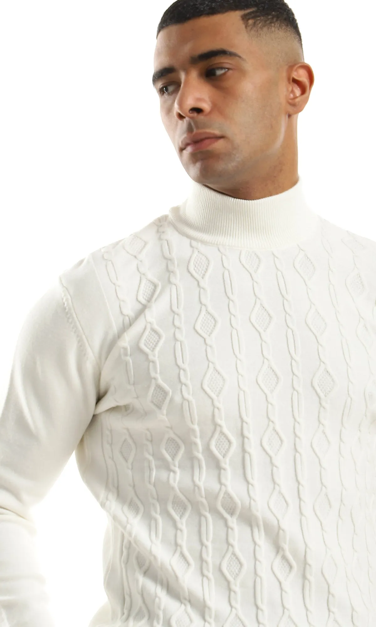 O158748 Cozy High Neck Self Patterned Off White Pullover