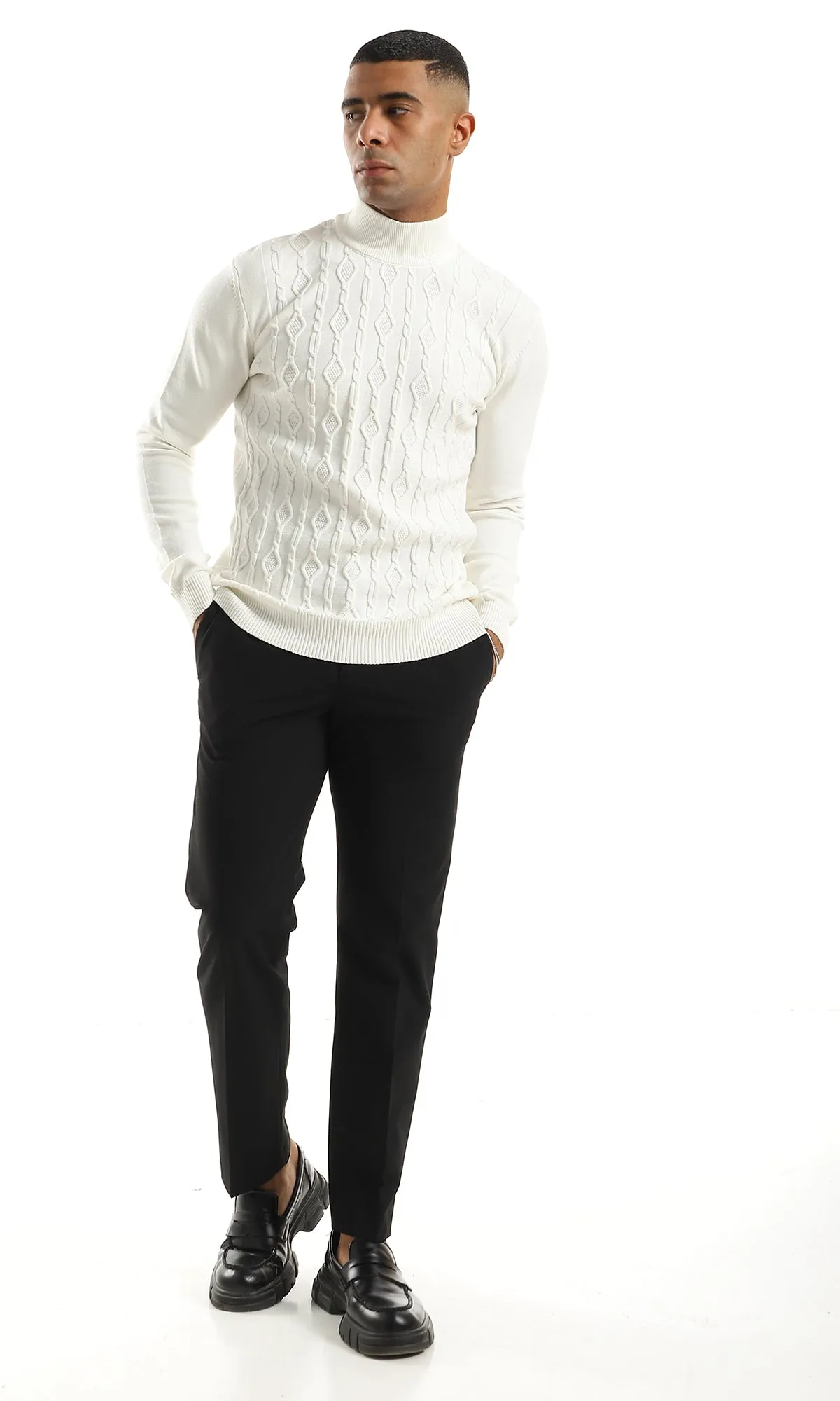 O158748 Cozy High Neck Self Patterned Off White Pullover