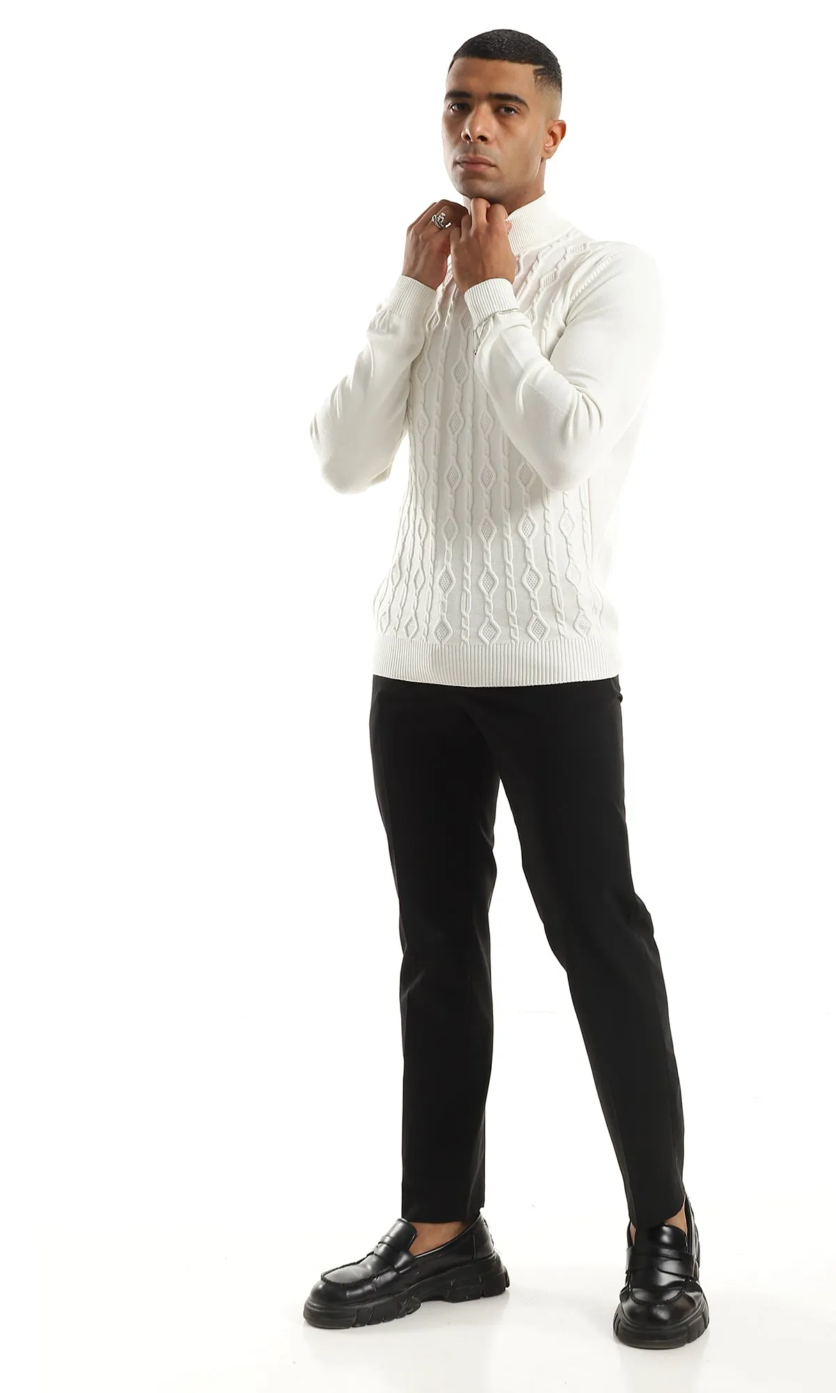 O158748 Cozy High Neck Self Patterned Off White Pullover