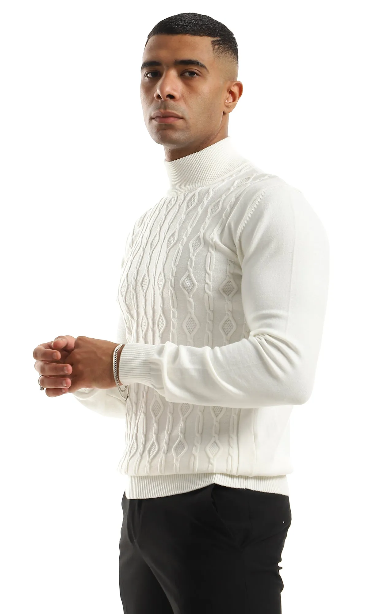 O158748 Cozy High Neck Self Patterned Off White Pullover