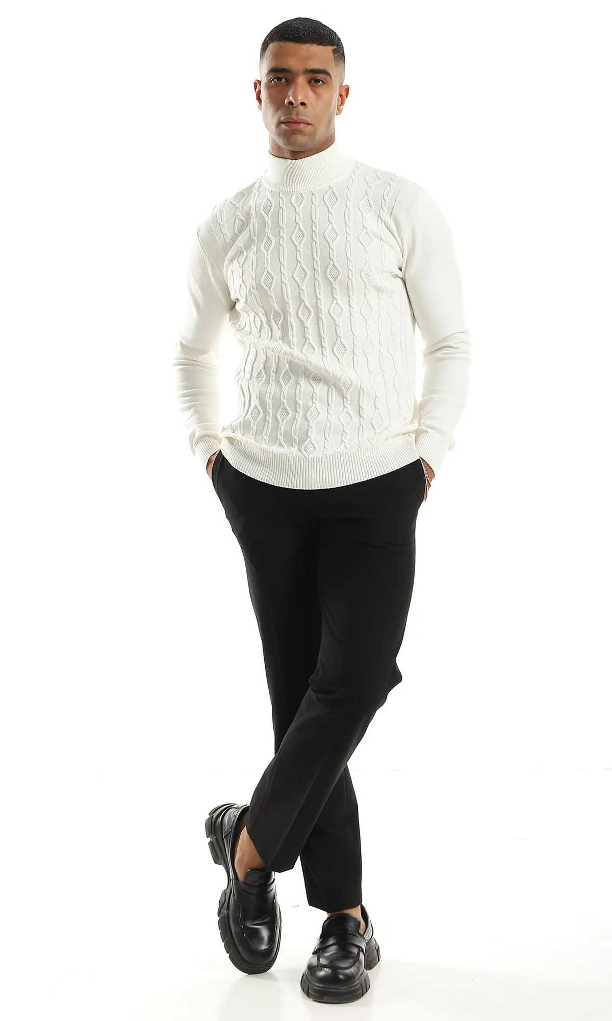 O158748 Cozy High Neck Self Patterned Off White Pullover