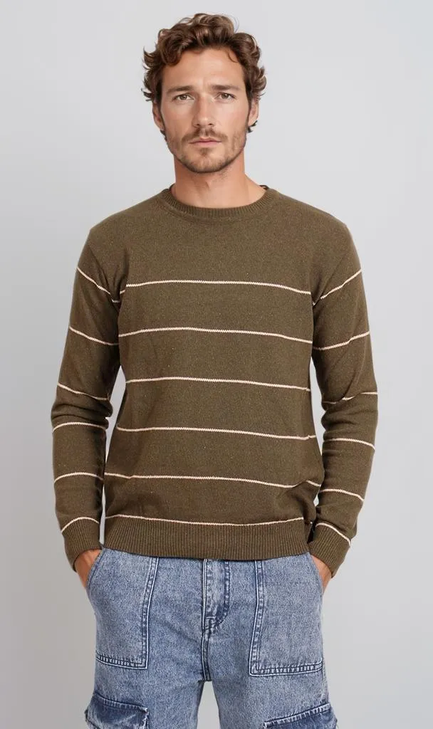 O202261-O202261 - Striped Knit Sweater - Olive Green