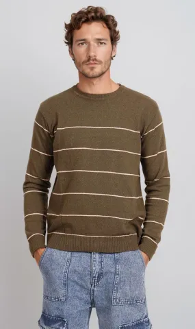 O202261-O202261 - Striped Knit Sweater - Olive Green