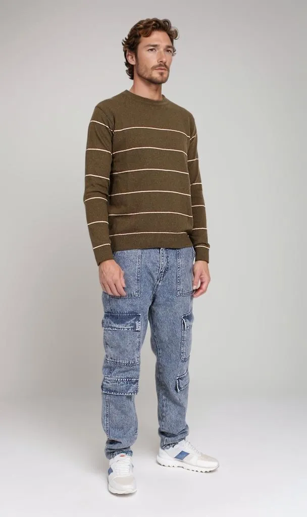 O202261-O202261 - Striped Knit Sweater - Olive Green