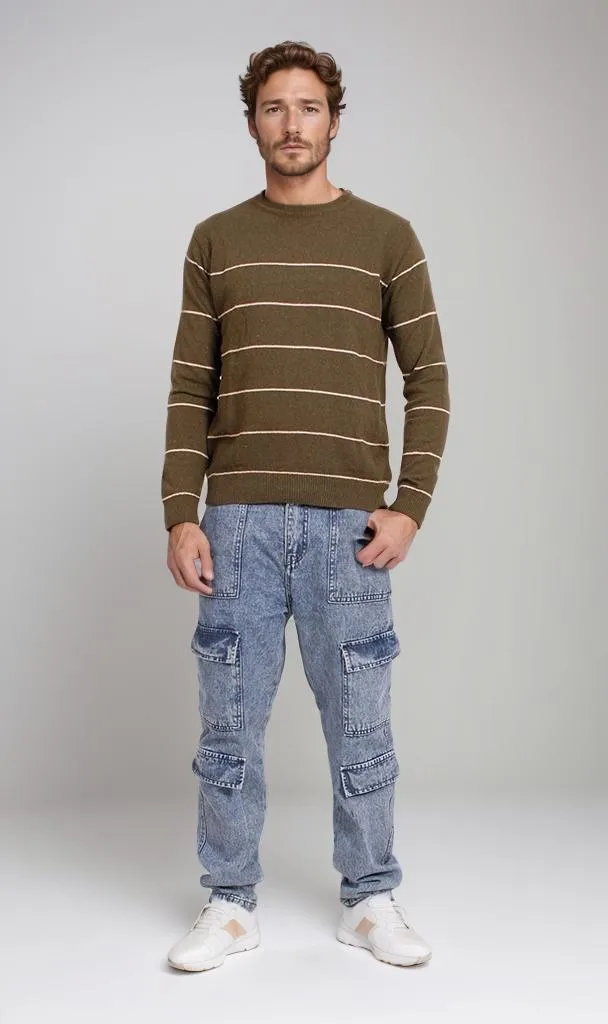 O202261-O202261 - Striped Knit Sweater - Olive Green