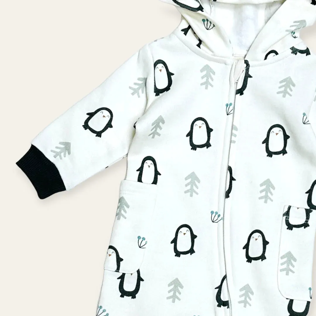 Penguin Fleece Zipper Hooded Baby Jumpsuit