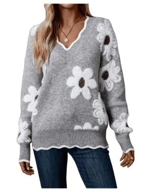 SHENHE Women's Floral V Neck Colorblock Long Sleeve Sweater Scalloped Pullover Knit Top Grey Large