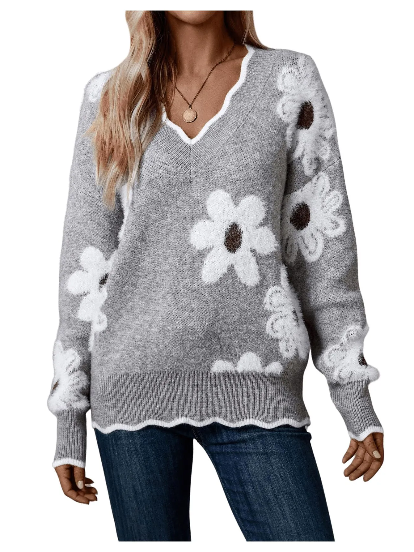 SHENHE Women's Floral V Neck Colorblock Long Sleeve Sweater Scalloped Pullover Knit Top Grey Large