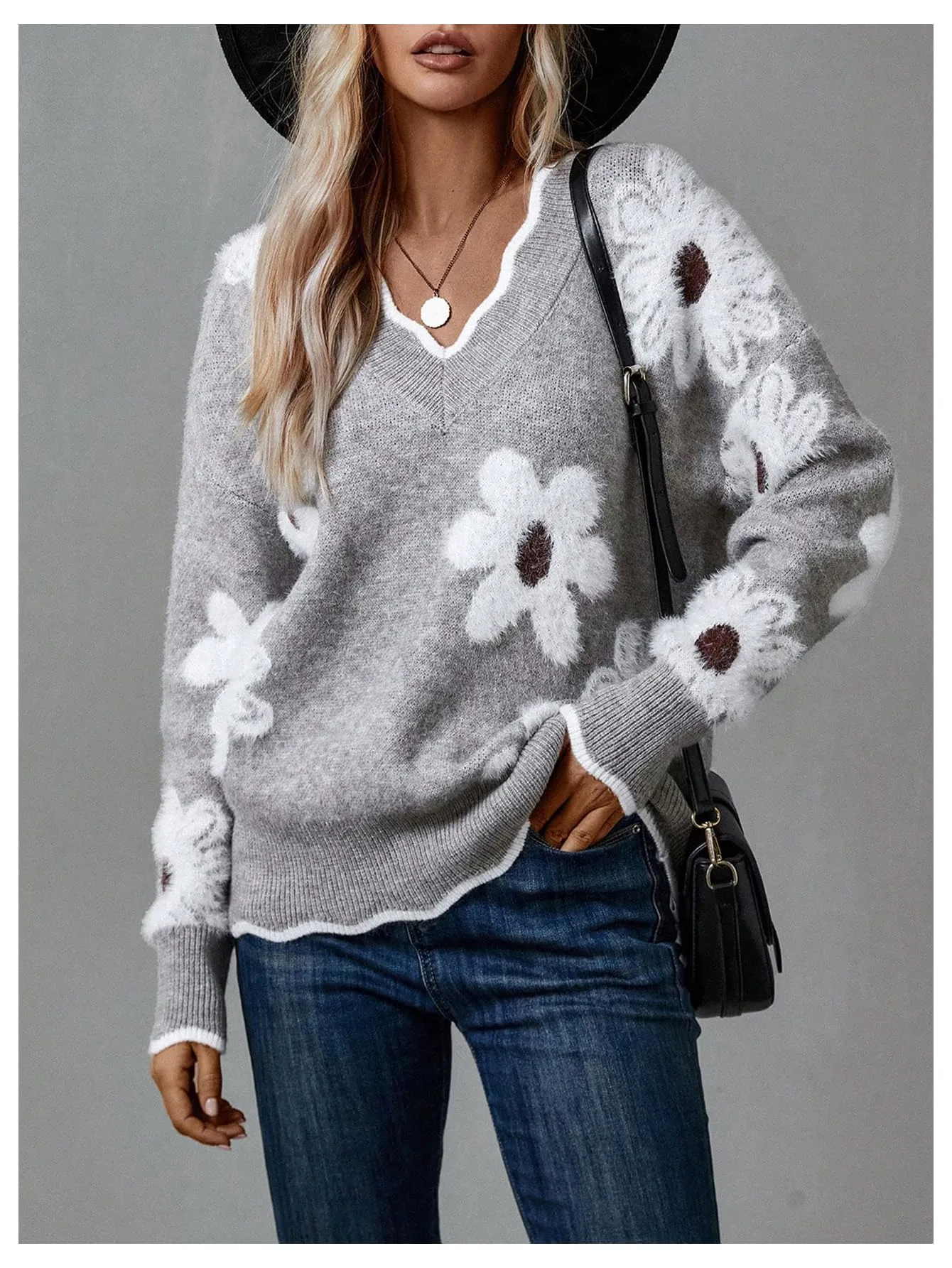 SHENHE Women's Floral V Neck Colorblock Long Sleeve Sweater Scalloped Pullover Knit Top Grey Large