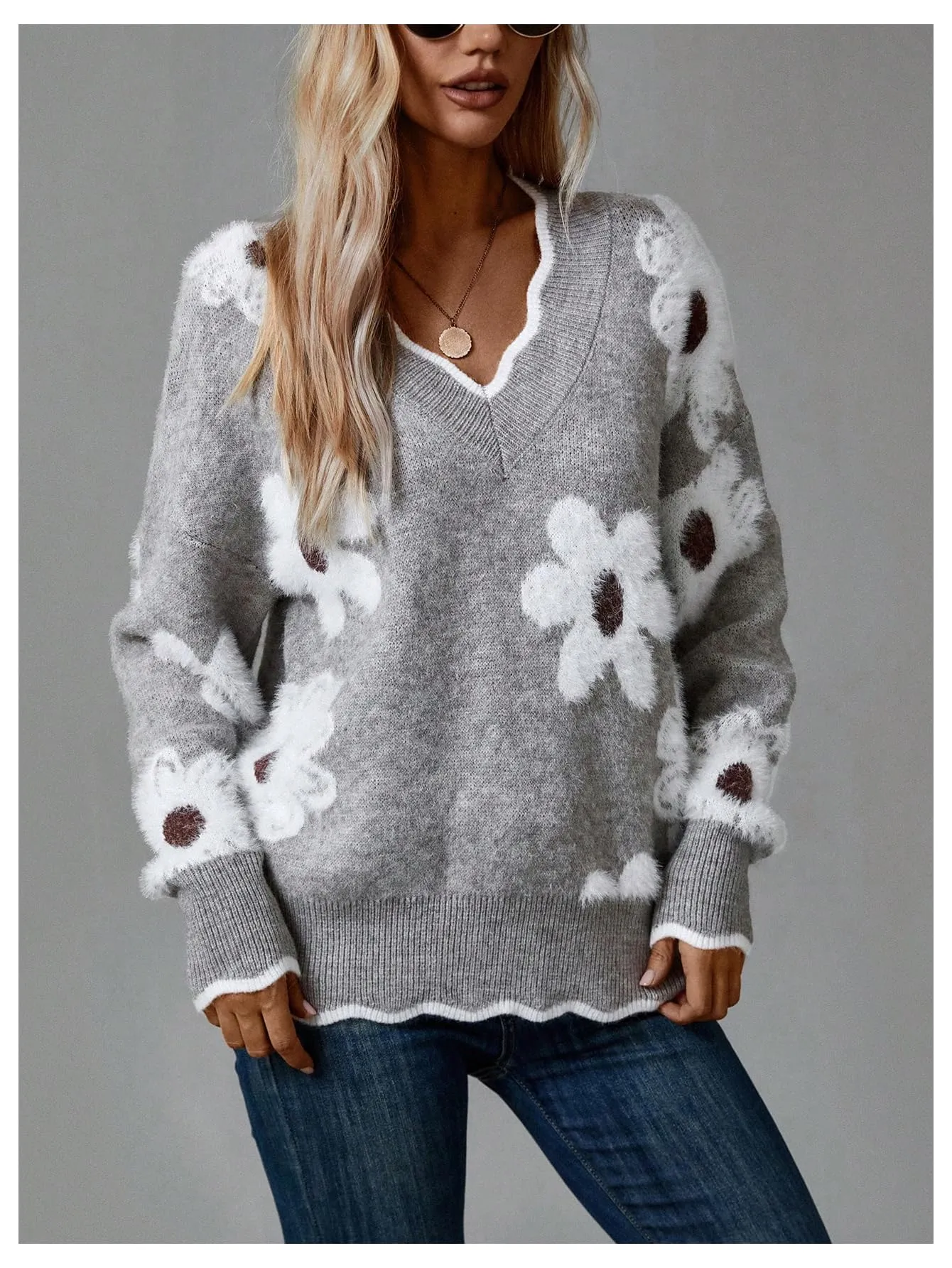 SHENHE Women's Floral V Neck Colorblock Long Sleeve Sweater Scalloped Pullover Knit Top Grey Large