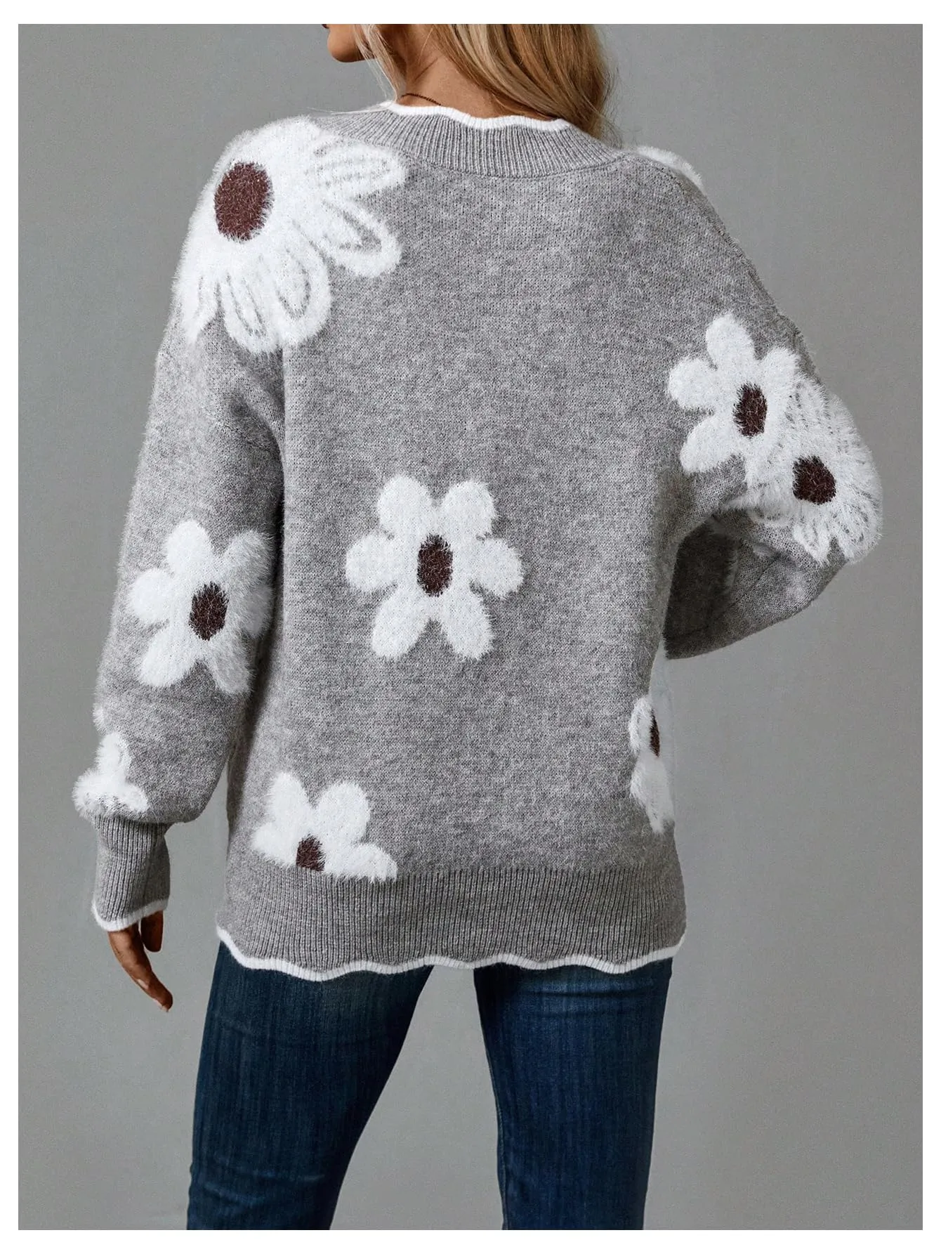 SHENHE Women's Floral V Neck Colorblock Long Sleeve Sweater Scalloped Pullover Knit Top Grey Large