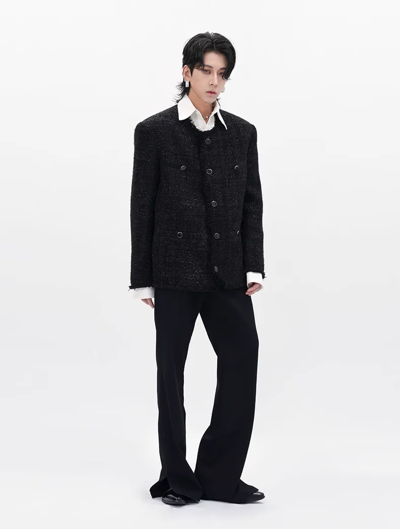 Slim Distressed Hem Tweed Jacket with Front Pockets
