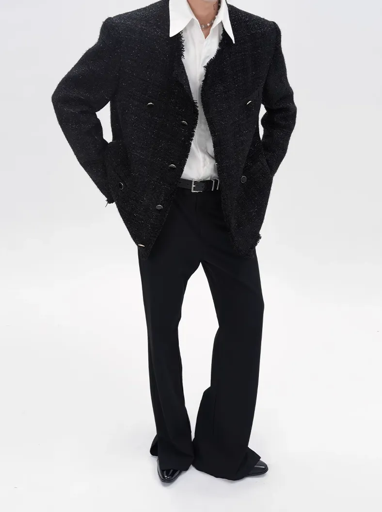 Slim Distressed Hem Tweed Jacket with Front Pockets