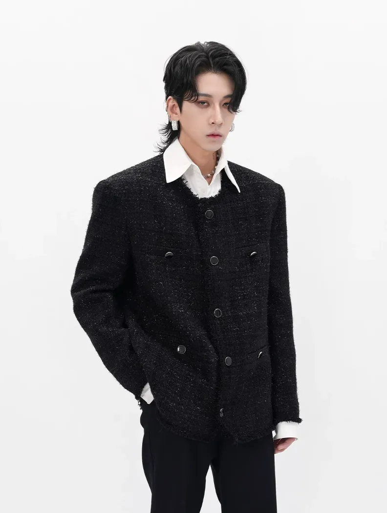 Slim Distressed Hem Tweed Jacket with Front Pockets