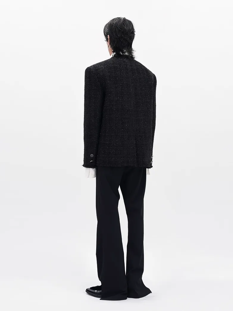 Slim Distressed Hem Tweed Jacket with Front Pockets