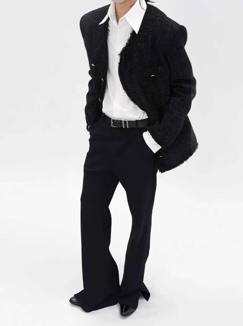 Slim Distressed Hem Tweed Jacket with Front Pockets