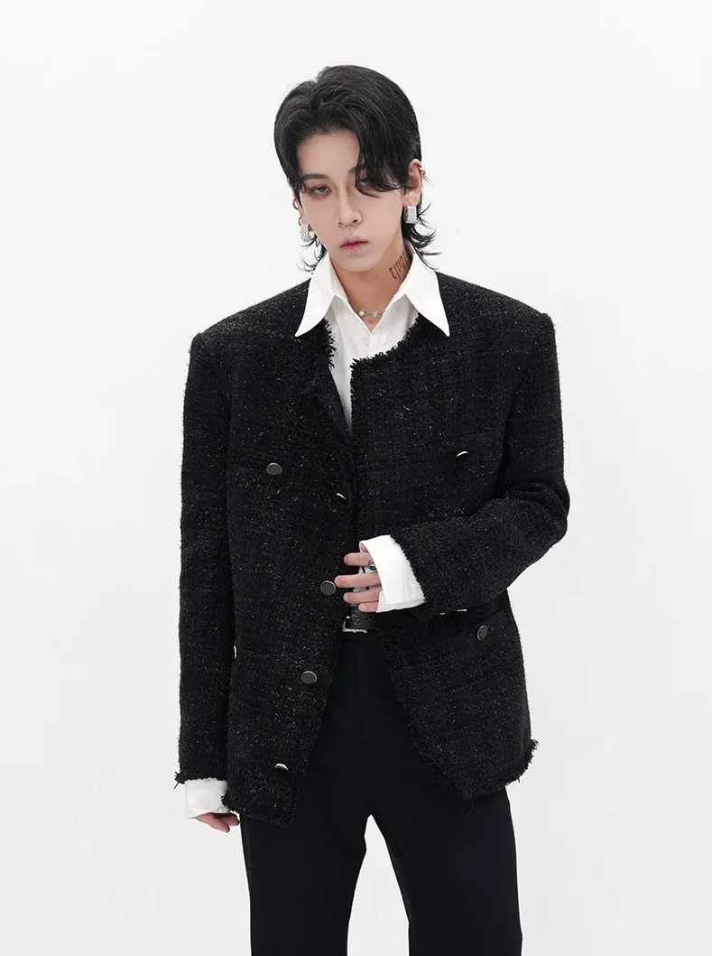 Slim Distressed Hem Tweed Jacket with Front Pockets