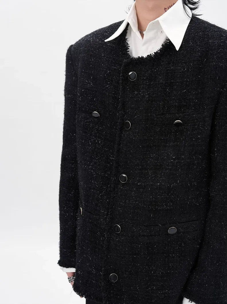 Slim Distressed Hem Tweed Jacket with Front Pockets