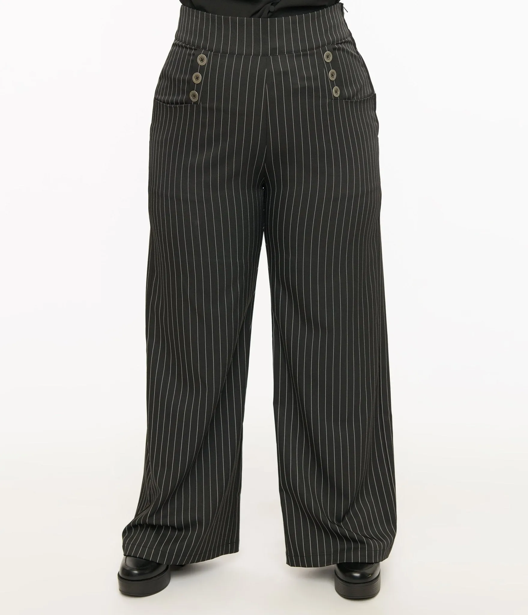 Unique Vintage Plus Size 1940s Black & White Pin Stripe High Waist Sailor Ginger Pants