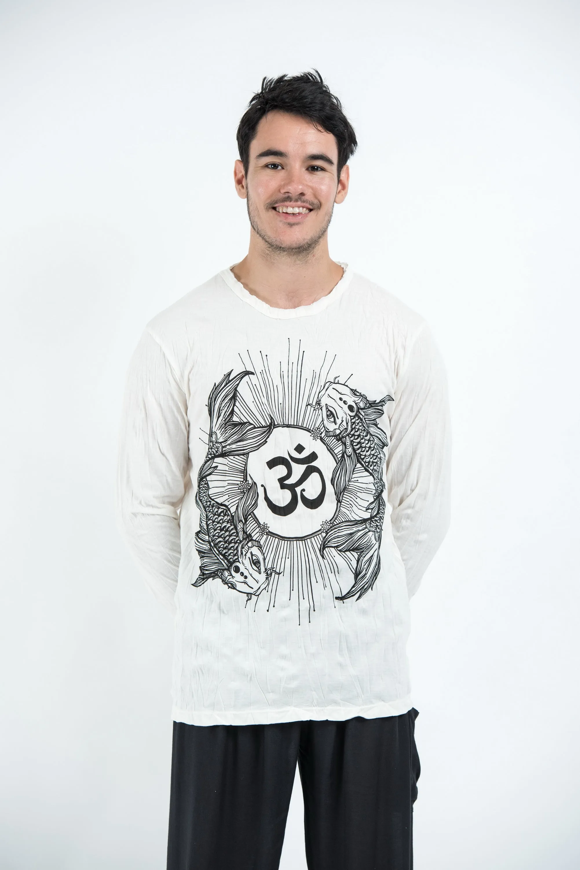 Unisex Om and Koi Fish Long Sleeve T-Shirt in White