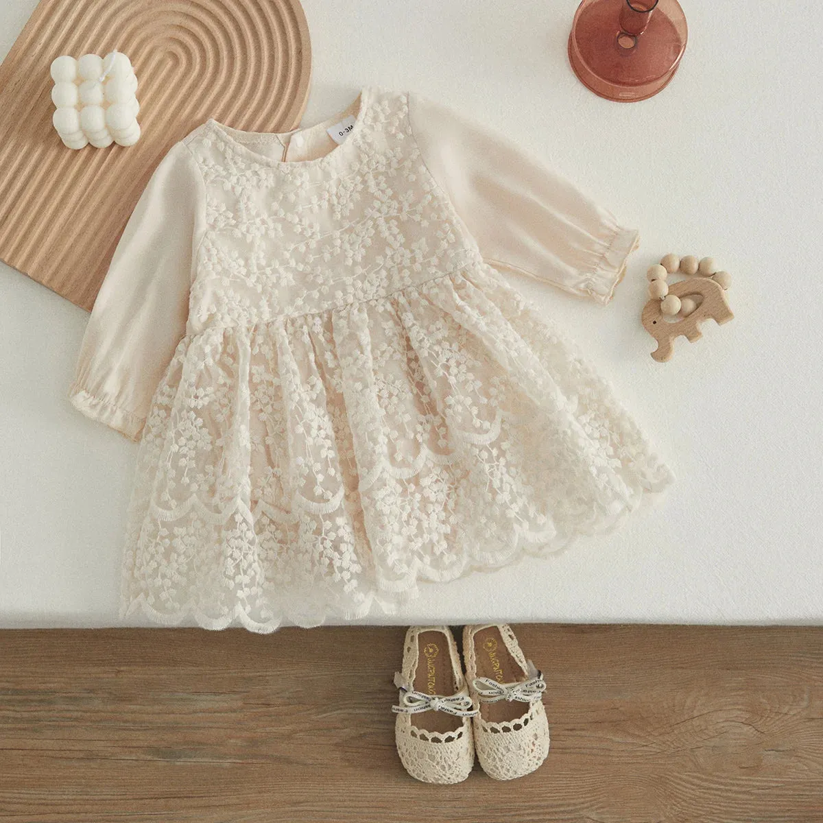 White Long Sleeve High Waist Lace Floral Dress