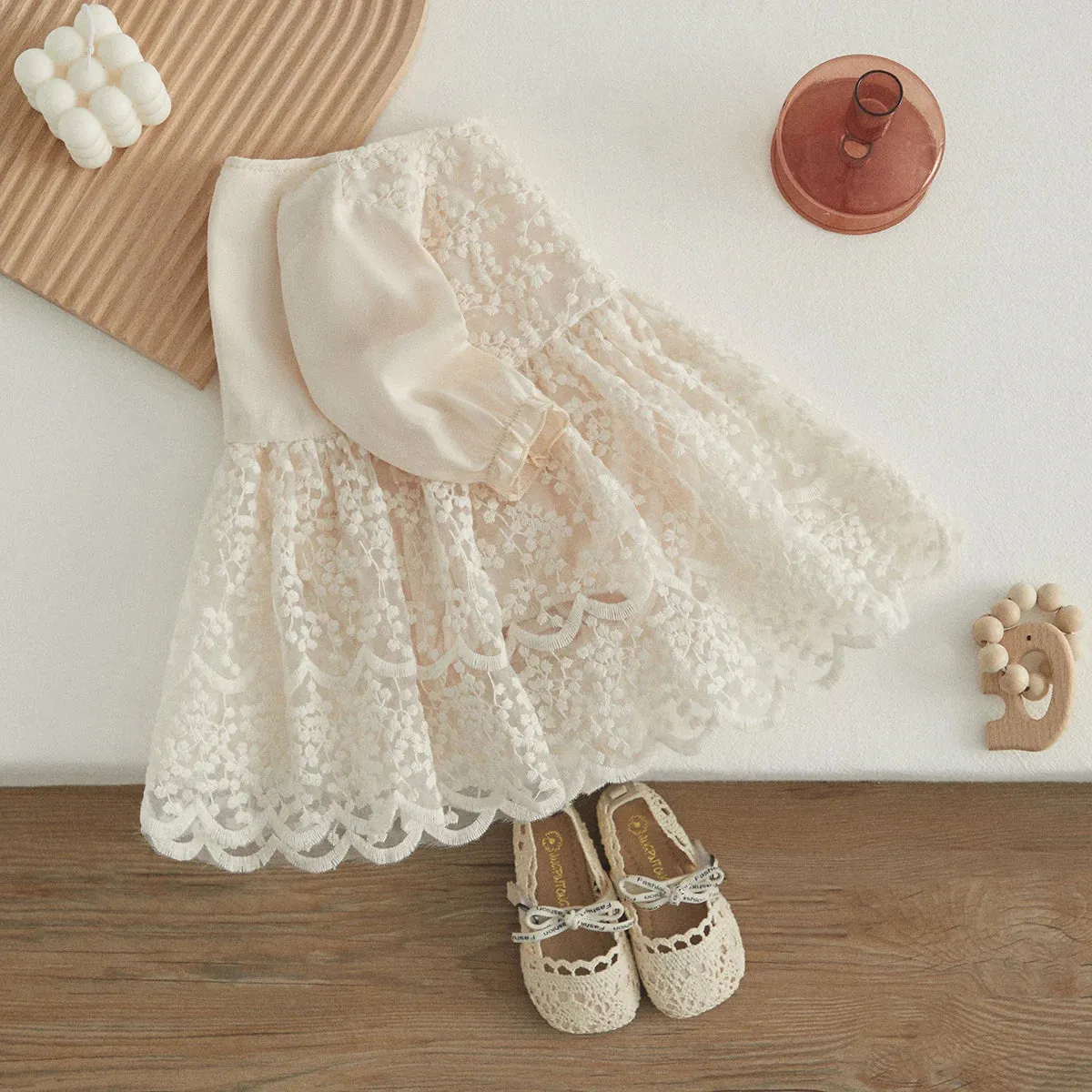White Long Sleeve High Waist Lace Floral Dress