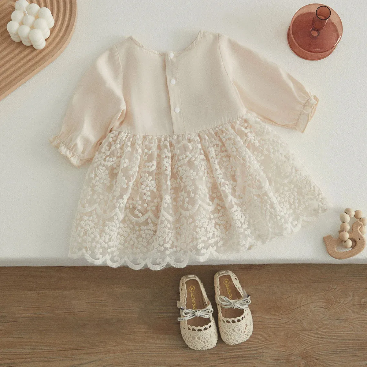 White Long Sleeve High Waist Lace Floral Dress