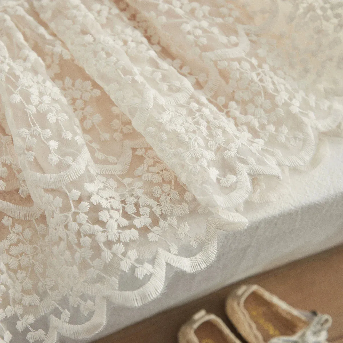 White Long Sleeve High Waist Lace Floral Dress