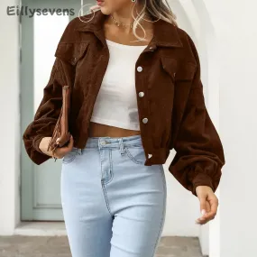 Women Solid Cropped Jackets Coat Long Sleeve With Buttons Chic Tops