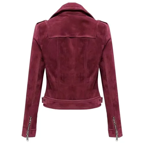 Womens Maroon Genuine Suede Classy Biker Lapel Collar Casual Racing Asymmetric Slimfit Scooter Leather Jacket