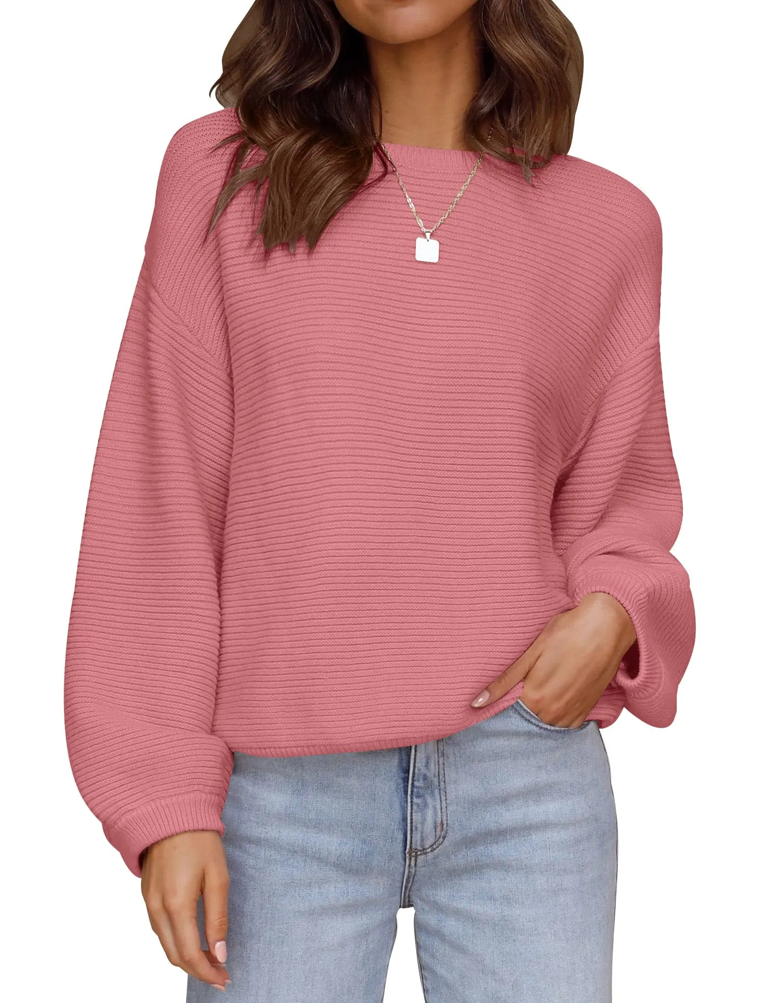 ZESICA Crew Neck Lantern Sleeve Ribbed Knit Sweater