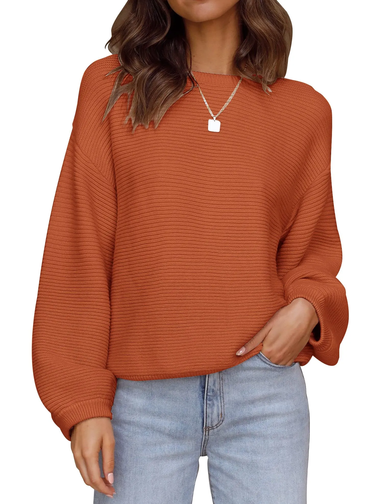 ZESICA Crew Neck Lantern Sleeve Ribbed Knit Sweater