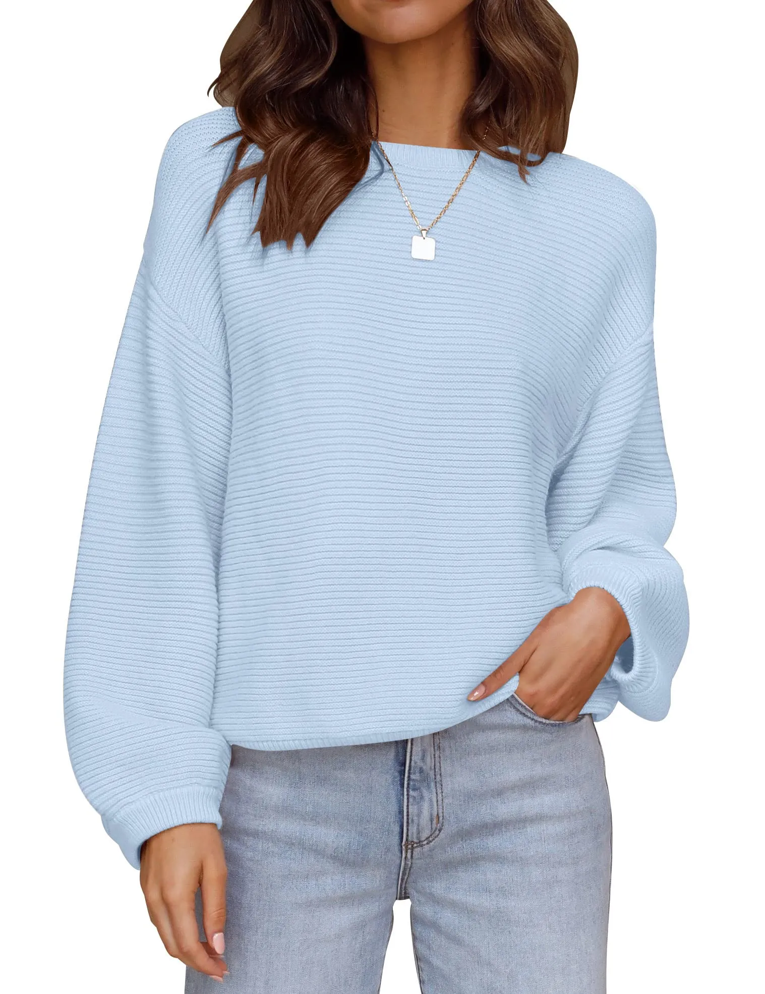 ZESICA Crew Neck Lantern Sleeve Ribbed Knit Sweater