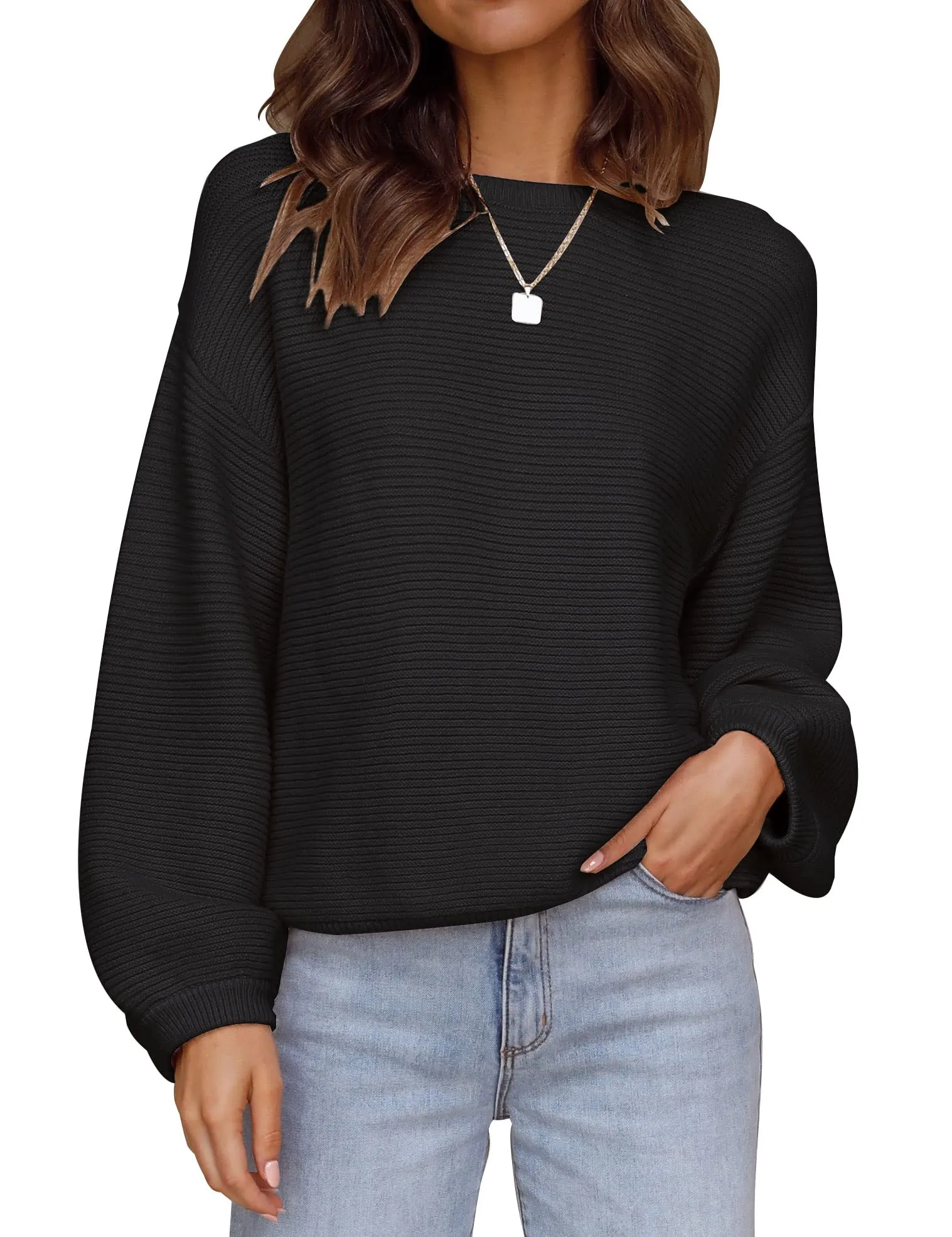ZESICA Crew Neck Lantern Sleeve Ribbed Knit Sweater