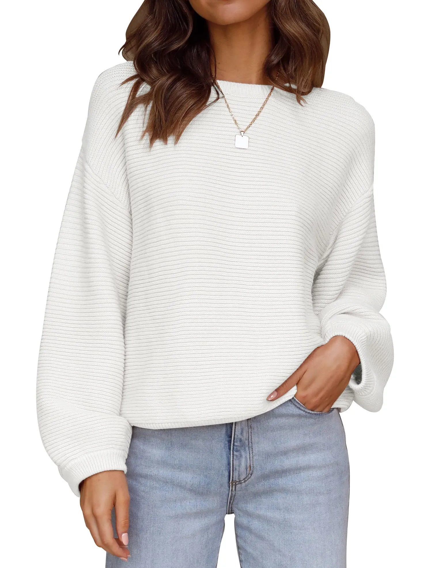 ZESICA Crew Neck Lantern Sleeve Ribbed Knit Sweater