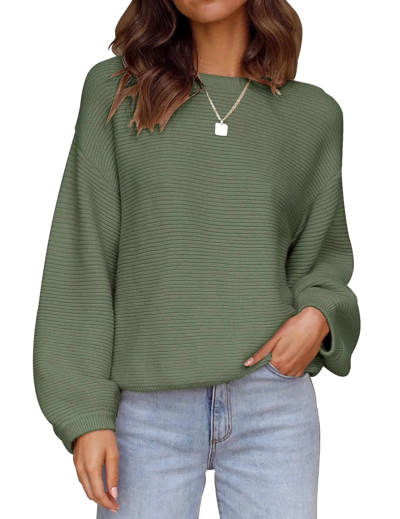 ZESICA Crew Neck Lantern Sleeve Ribbed Knit Sweater